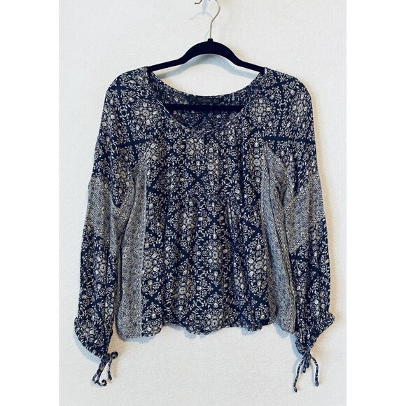 Zara Top Womens Medium Navy Blue Ditsy Floral Peasant Cropped Boho Tie Cuff - Picture 1 of 6